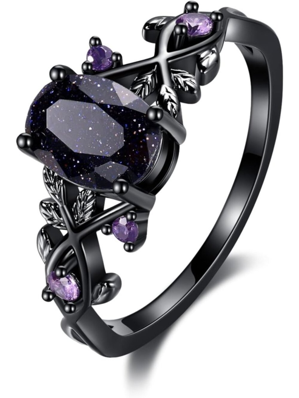 Gothic Leaf Blue Sandstone Ring for Women - 18K Black Gold Plated Promise Band